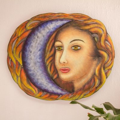 Steel wall art, 'Celestial Vanity' - Modern Face and Moon Steel Wall Sculpture from Mexico