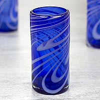 Blown glass highball glasses Whirling Cobalt set of 6 Mexico