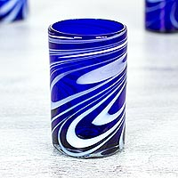 Blown glass water glasses Whirling Cobalt set of 6 Mexico