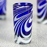 Blown glass shot glasses Whirling Cobalt set of 6 Mexico