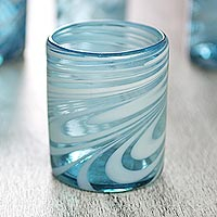 6 Mexican Hand Blown 11 oz Rock Glasses in Aqua and White,'Whirling Aquamarine'