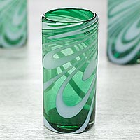 Blown glass highball glasses Whirling Emerald set of 6 Mexico
