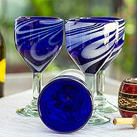 Blown glass wine glasses Whirling Cobalt set of 6 Mexico