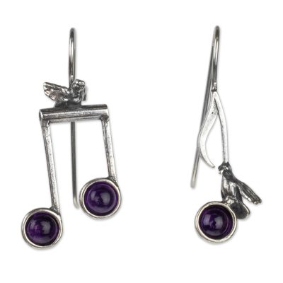 Amethyst drop earrings, 'Bird Songs' - Sterling Silver Musical Notes Bird Earrings with Amethyst