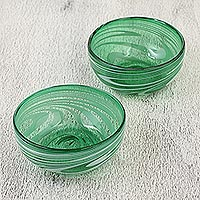 Blown glass bowls Whirling Emerald pair Mexico