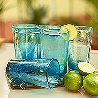 Blown glass highball glasses Aquamarine Bubbles set of 6 Mexico