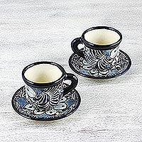 Ceramic cups and saucers Blue Colonial Blossom set for 2 Mexico