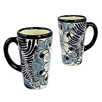 Ceramic tall mugs Blue Colonial Blossom pair Mexico