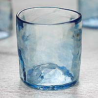 Blown glass rocks glasses, 'Azure Mist' (set of 4, 8 oz) - Set of 4 Mexican Clear Blue Blown Glass Rocks Glasses (8 oz)