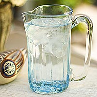 Blown glass pitcher, 'Blue Mist' (23 oz) - Blue Blown Glass Pitcher 23 oz Artisan Crafted Serveware