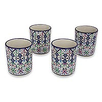 Ceramic tumblers, 'Valenciana Violets' (set of 4) - Four Handcrafted Mexican Ceramic 8-Ounce Drinking Glasses