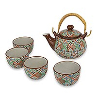 Ceramic tea set, 'Aztec Autumn' (set for 4) - Colorful Mexican Handcrafted Ceramic Tea Set for Four