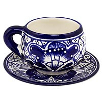 Ceramic cups and saucers Blue Guanajuato set for 4 Mexico