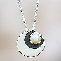 Cultured pearl pendant necklace, 'Iridescent Moon' - Handmade 950 Silver and Pearl Moon Necklace from Mexico