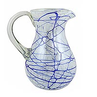 Blown glass pitcher Blue Swirling Web Mexico