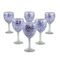 Blown glass wine glasses Blue Swirling Web set of 6 Mexico
