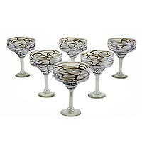 Blown glass margarita glasses Brown Swirling Web set of 6 Mexico