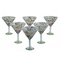 Blown glass martini glasses Brown Swirling Web set of 6 Mexico