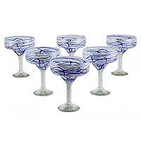 Blown glass margarita glasses Blue Swirling Web set of 6 Mexico