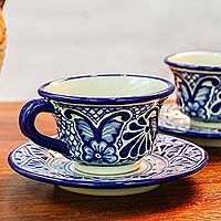 Ceramic cups and saucers Cholula Blossoms pair Mexico