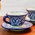 Ceramic cups and saucers, 'Cholula Blossoms' (pair) - Mexican Blue Talavera Style Ceramic Cups and Saucers (Pair) thumbail