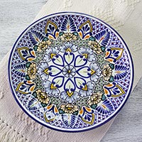 Talavera ceramic serving plate, 'Sunshine Kaleidoscope' - Mexican Floral Talavera 12 Inch Ceramic Serving Plate