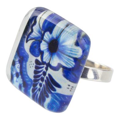 Talavera Style 925 Silver Cocktail Ring Art Glass Jewelry