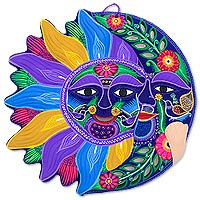 Ceramic wall adornment, 'Joyful Eclipse' - Sun and Moon Handmade Mexican Ceramic Wall Adornment