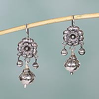 Sterling silver flower earrings, 'Floral Enchantment' - Silver Mazahua Style Artisan Crafted Floral Dangle Earrings