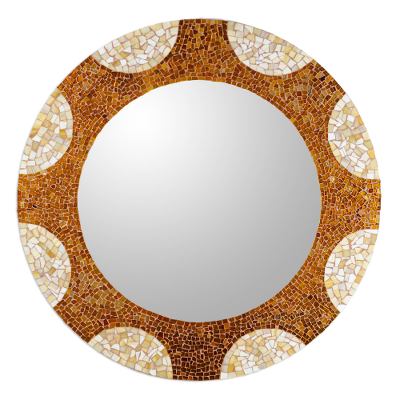 Glass mosaic wall mirror, 'Earth and Sun' (35 inch) - Handcrafted Mexican Stained Glass Wall Mirror (35 Inch)