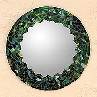 Glass mosaic wall mirror, 'Mosaic in Emerald' - Hand Made Green Glass Mosaic Wall Mirror from Mexico
