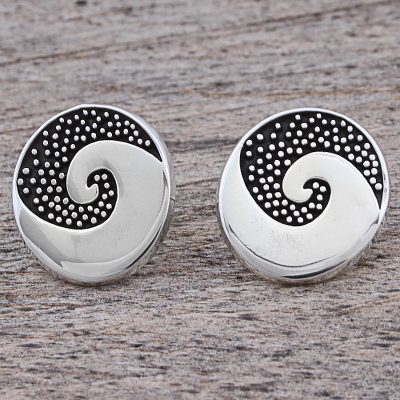 Sterling silver button earrings, Aztec Spiral