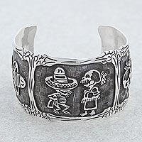 Sterling silver cuff bracelet, 'Skeletal Hat Dance' - Mexican Day of the Dead Sterling Silver Cuff Bracelet