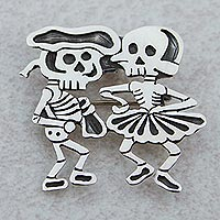 Sterling silver brooch pendant, 'Skeletal Matador Dance' - Signed Brooch Pendant from Mexican Day of the Dead