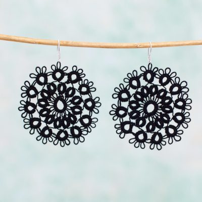 Cotton dangle earrings, Black Doily