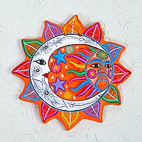 Ceramic wall art, 'Celestial Flower' - Multicolored Ceramic Sun and Moon Wall Art from Mexico