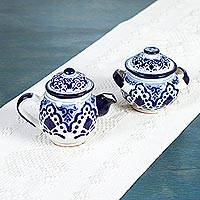 Ceramic sugar bowl and creamer Village Flower pair Mexico