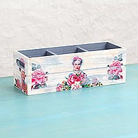 Decoupage wood bottle holder Pink Frida Mexico