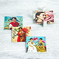 Decoupage wood coasters Life of Frida set of 4 Mexico