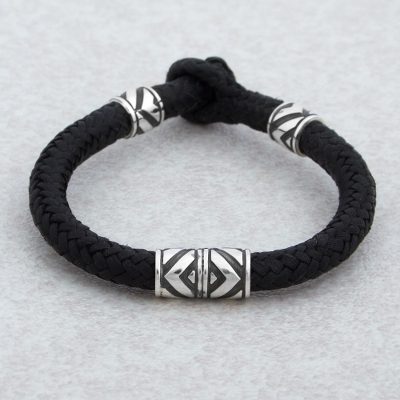 Sterling silver and leather braided wristband bracelet, 'Mexican Geometry' - Sterling Silver and Leather Wristband Bracelet from Mexico