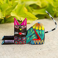 Featured review for Wood alebrije sculpture, Excited Black Cat