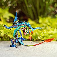 Copal wood alebrije, 'Mexican Dragon in Blue' - Copal Wood Dragon Alebrije Sculpture in Blue from Mexico