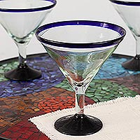 Blown glass martini glasses Cobalt Contrasts set of 6 Mexico