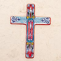 Ceramic wall cross, 'Red Lily' - Ceramic Wall Cross with Multicolored Motifs from Mexico