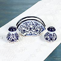 Ceramic napkin holder with salt and pepper shakers Village Flower Mexico