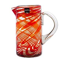 Blown glass pitcher Crimson Serpentines Mexico