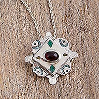 Garnet and malachite pendant necklace, 'Energy Center' - Garnet Malachite and 925 Silver Pendant Necklace from Mexico