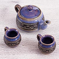 Ceramic teapot and cups Chapala Waves set for two Mexico