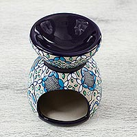 Ceramic oil warmer, 'Guanajuato Blue' - Handcrafted Floral Geometric Ceramic Oil Warmer
