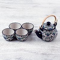 Ceramic teapot and cups, 'Green Valley' (set for 4) - Handcrafted Ceramic Teapot and 4 Cups Set in Green and Blue